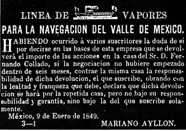 Aviso a inversionistas de la línea de vapores de México a Chalco, 9 de enero de 1849